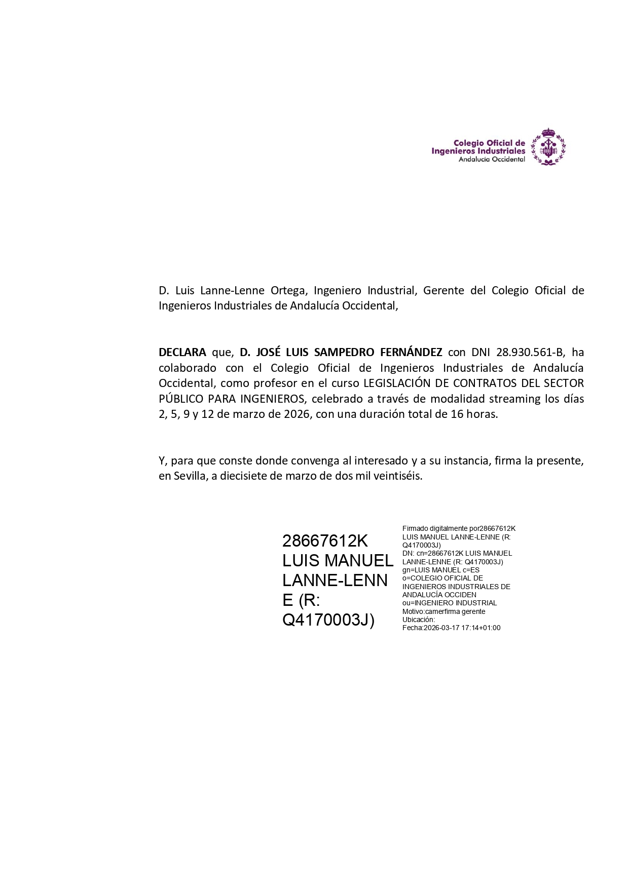Certificado de impartición curso – José Luis Sampedro