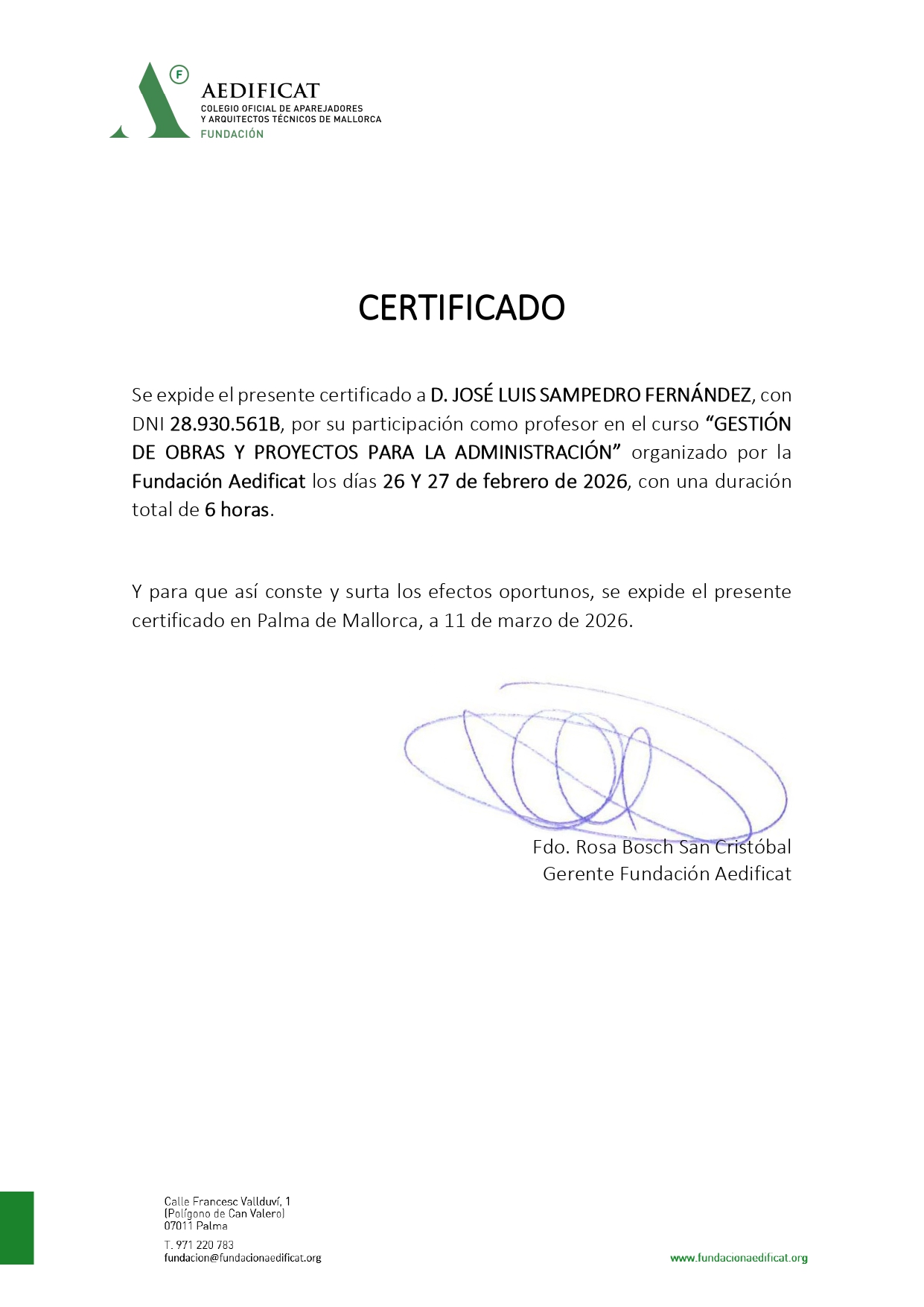 Certificado docente – José Luis Sampedro