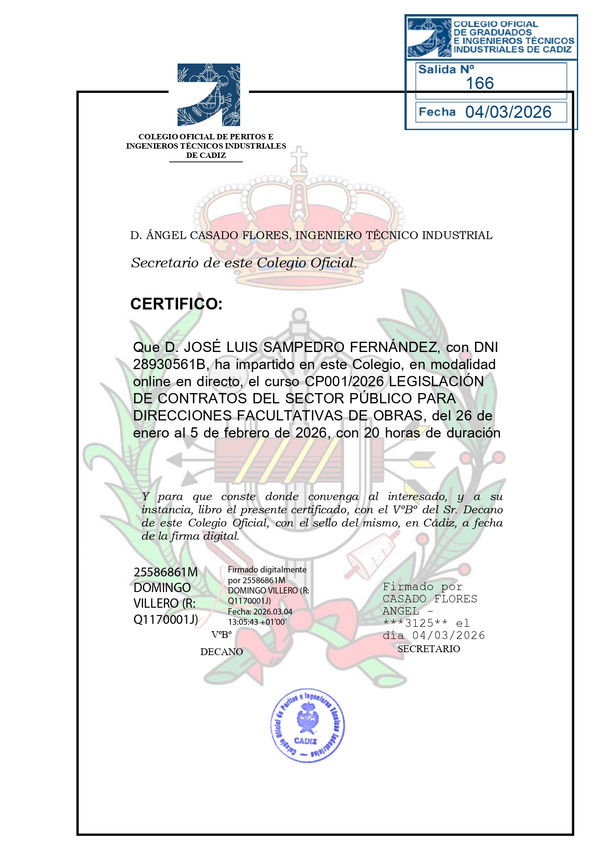 Certificado de impartición COGITI Cádiz – José Luis Sampedro